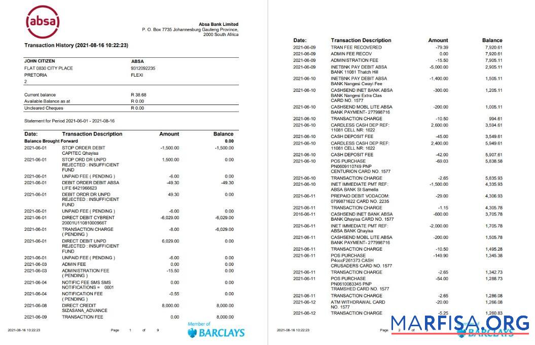 Downloadable South Africa ABSA bank statement 2 pages word template